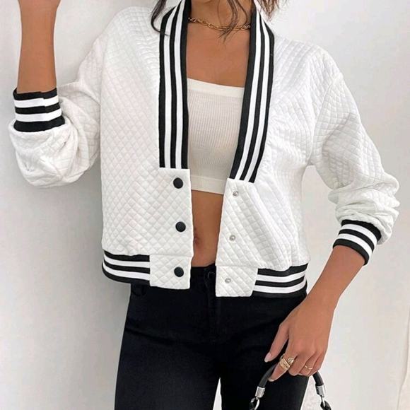 Women Casual Textured Fabric Contrast Ribbed Baseball Jacket - Picture 1 of 6